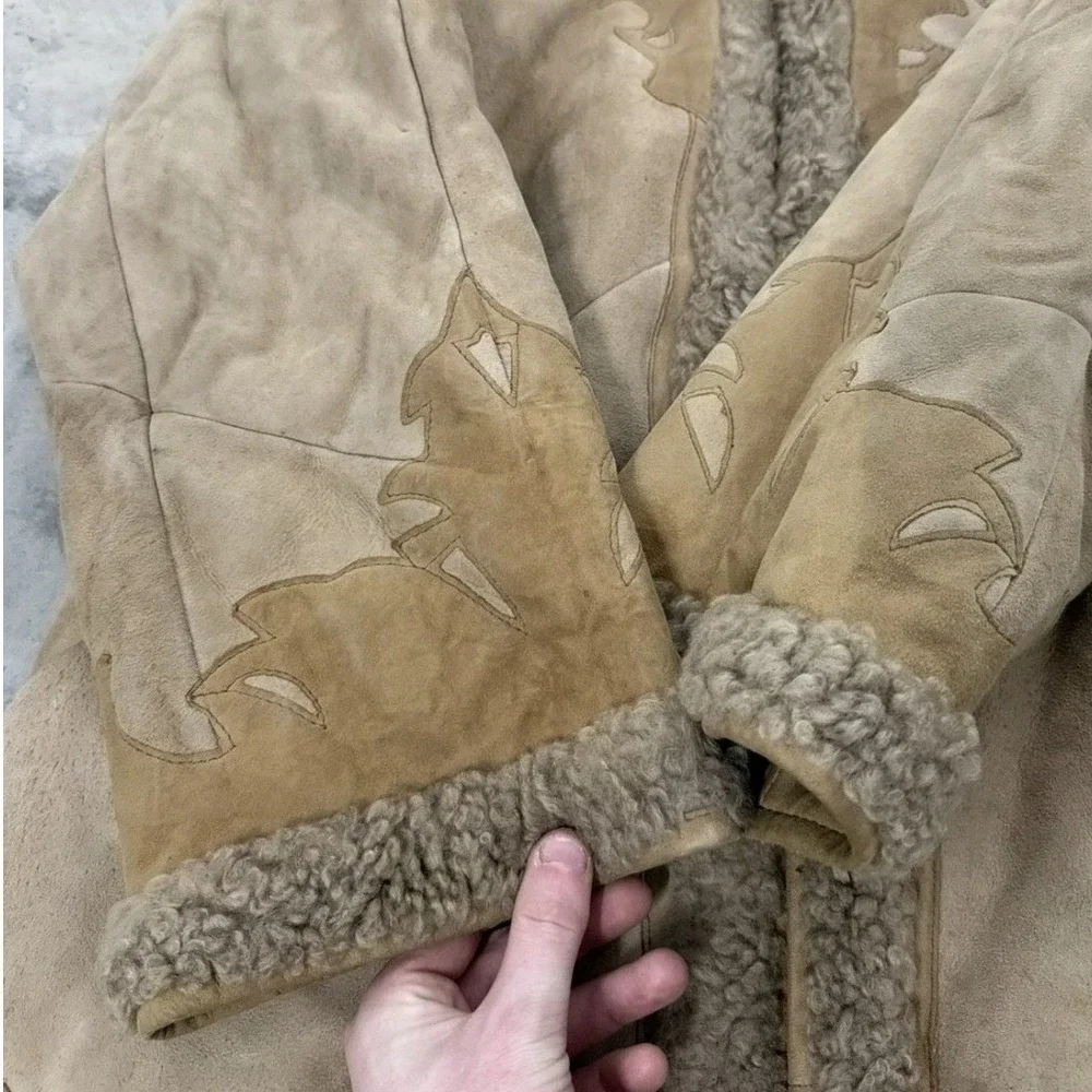 Vintage Suede Shearling Trim Coat Boho Festival Earthy‎ Tan